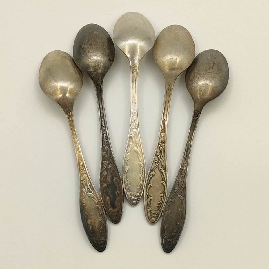 Набор чайных ложек "Пламя" на 5 персон, мНЦ (медь-никель-цинк), Кольчугинский завод цветных металлов, СССР, 1962-1991 гг.