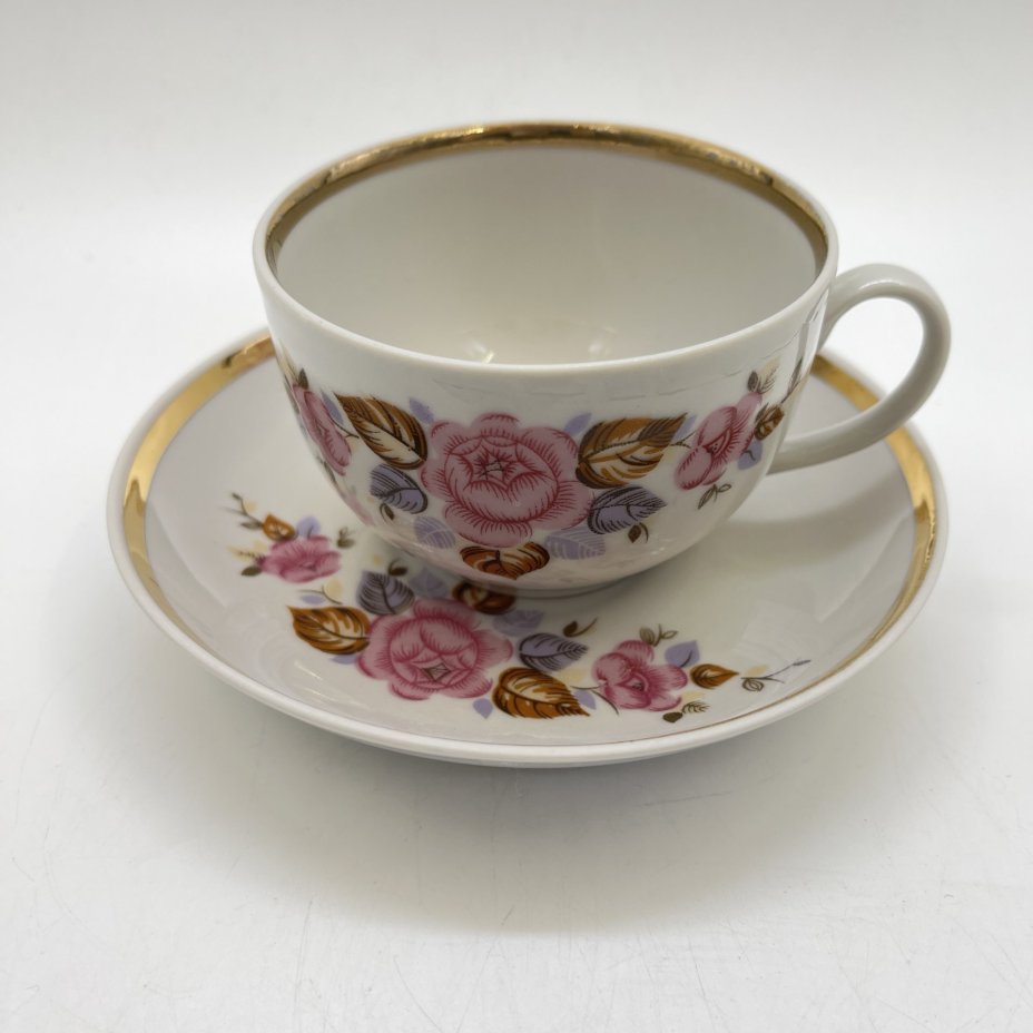 Чайная пара с цветочным декором, фарфор, деколь, золочение, Дулевский фарфоровый завод (Дулёво), СССР, 1970-1990 гг.