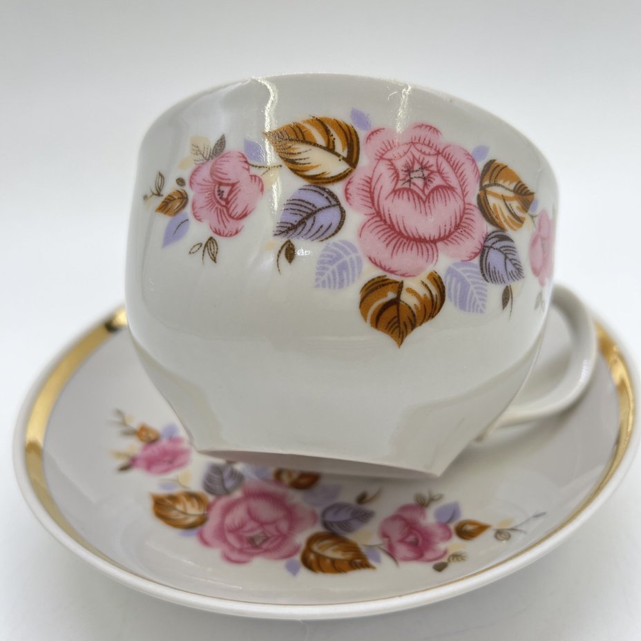 Чайная пара с цветочным декором, фарфор, деколь, золочение, Дулевский фарфоровый завод (Дулёво), СССР, 1970-1990 гг.