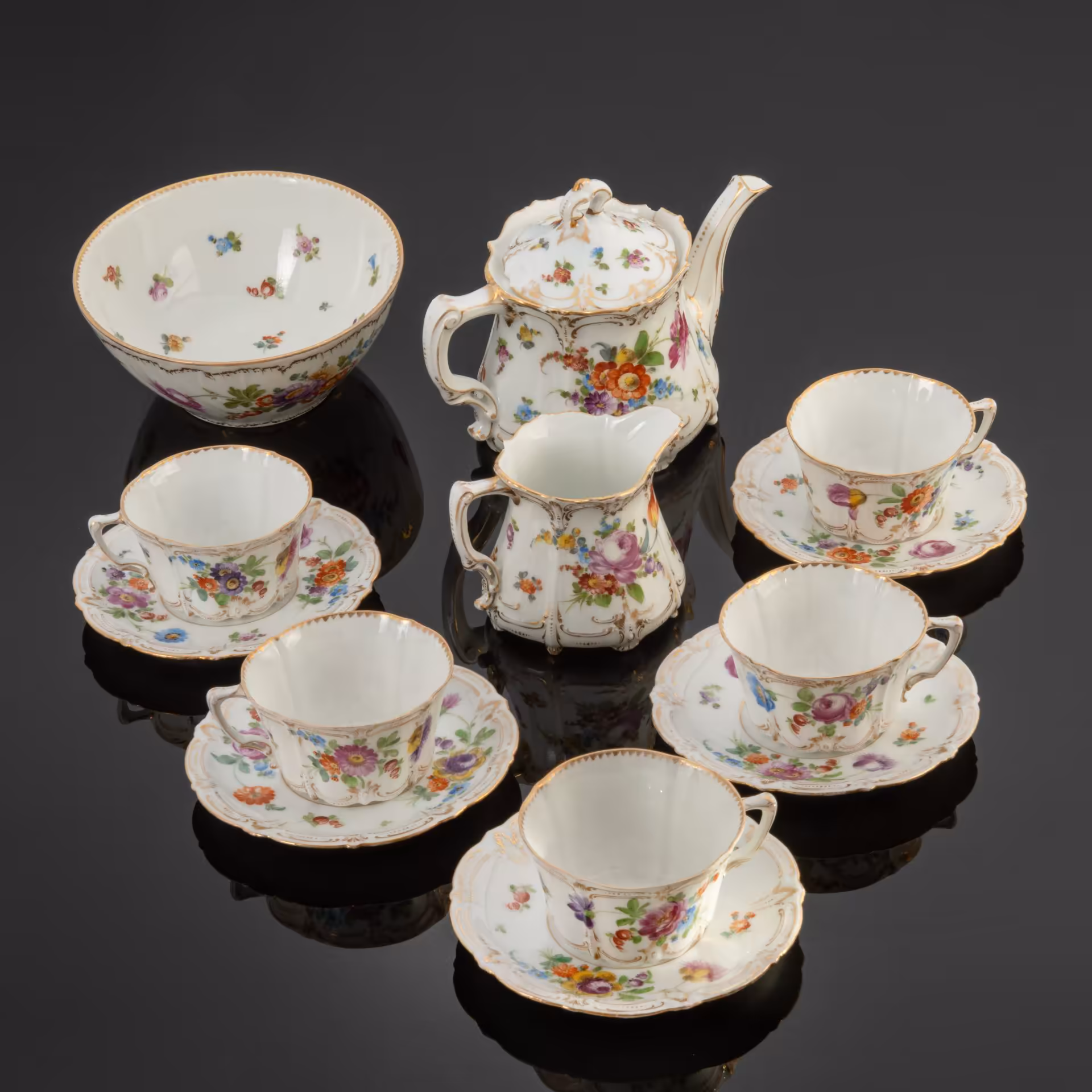 Сервиз чайный "Мейсенский букет" на 5 персон (13 предметов), Volkstedt porcelain factory - Richard Eckert  & Co
