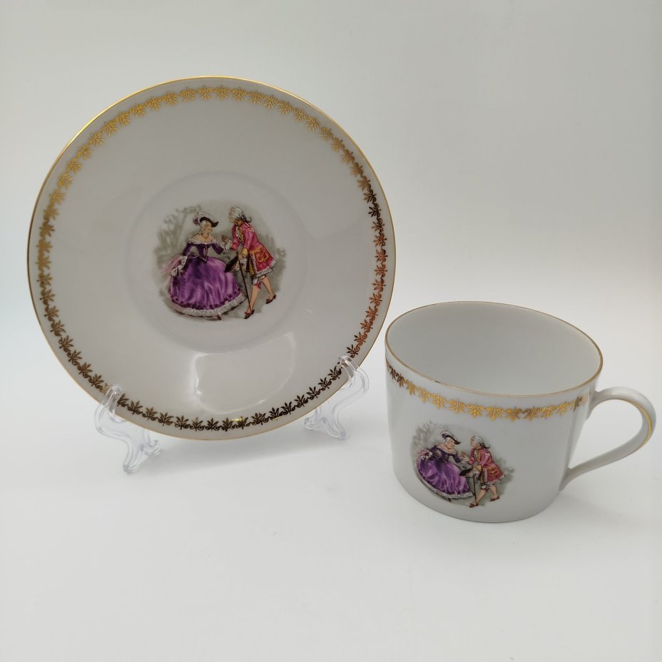 Пара чайная (большая) "Галантная сцена", фарфор, деколь с подрисовкой, золочение, Seltmann Weiden, Германия, 1960-1980 гг.