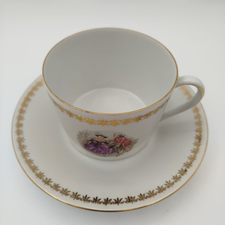 Пара чайная (большая) "Галантная сцена", фарфор, деколь с подрисовкой, золочение, Seltmann Weiden, Германия, 1960-1980 гг.