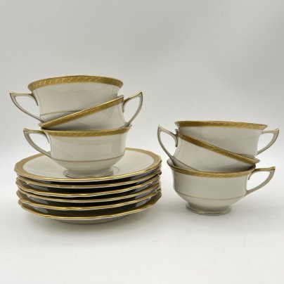Набор кофейных пар в оттенке айвори с золотым кантом на 6 персон, фарфор, золочение, Фарфоровая мануфактура «Gloria», Чехословакия, 1970-1990 гг.
