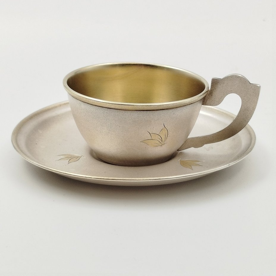 Пара кофейная с цветочным декором, мельхиор (медь-никель), золочение, Мстерская художественная фабрика  «Ювелир», СССР, 1960-1970 гг.