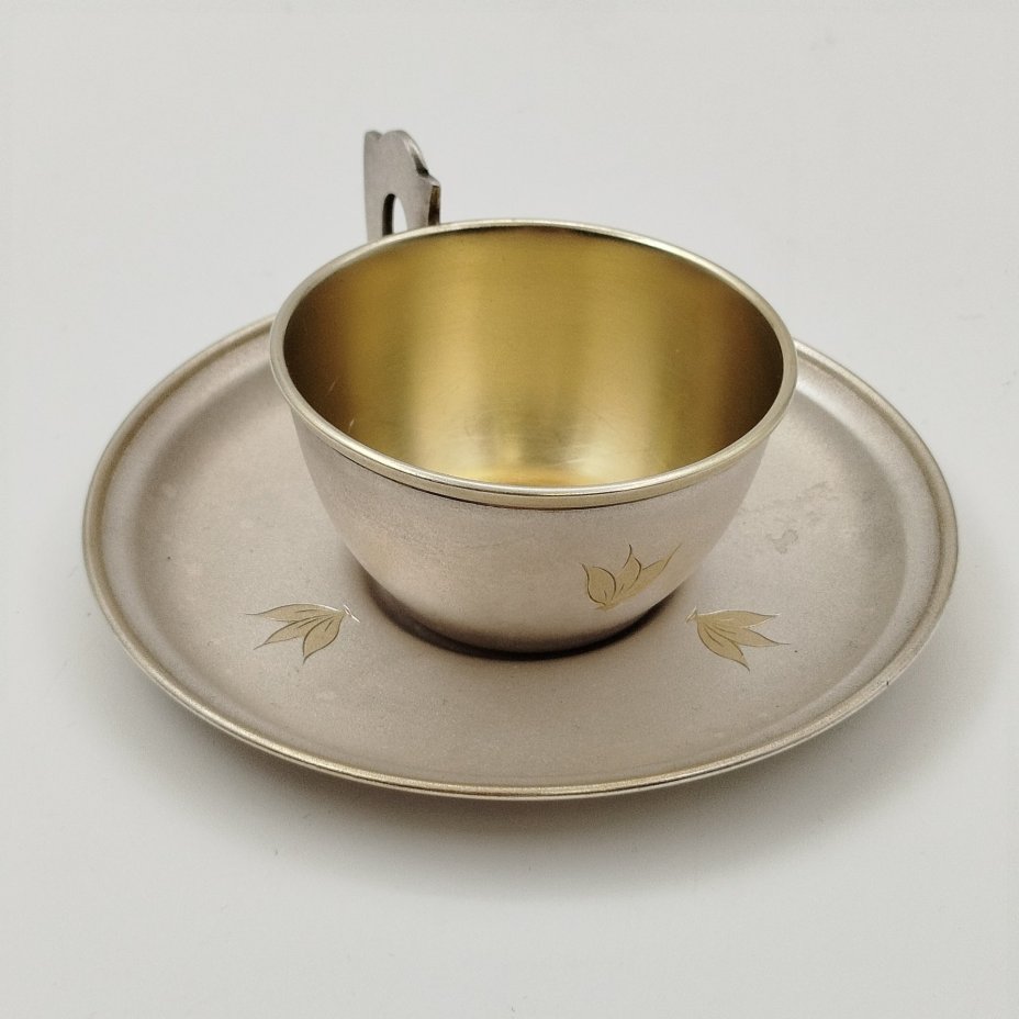 Пара кофейная с цветочным декором, мельхиор (медь-никель), золочение, Мстерская художественная фабрика  «Ювелир», СССР, 1960-1970 гг.