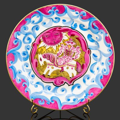 Настенное блюдо "Иванушка-дурачок и волшебный Конёк-Горбунок", фарфор, роспись, золочение, Дулевский фарфоровый завод (Дулёво), СССР, 1960-1980 гг.