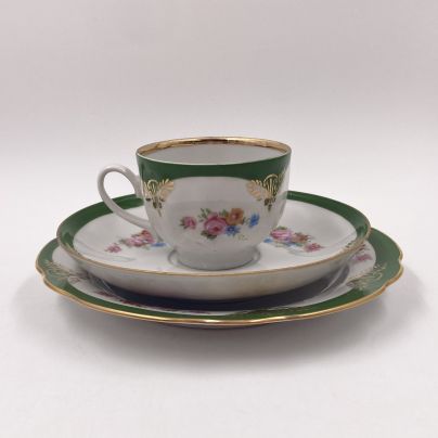 Чайное трио "Воспоминание", фарфор, деколь, золочение, Дулевский фарфоровый завод (Дулёво), Российская Федерация, 1991 г.
