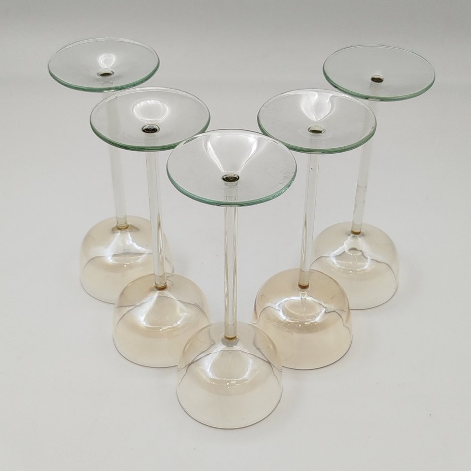 Набор ликерных бокалов медового оттенка на 5 персон, стекло, люстр, Калининский стекольный завод «Тверис», СССР, 1970-1990 гг.