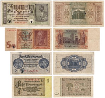 Набор из 4-х банкнот Германия, Третий рейх 1, 5 и 20 рейхсмарок (reichsmark) 1939-1945 "Немецкие оккупационные территории"
