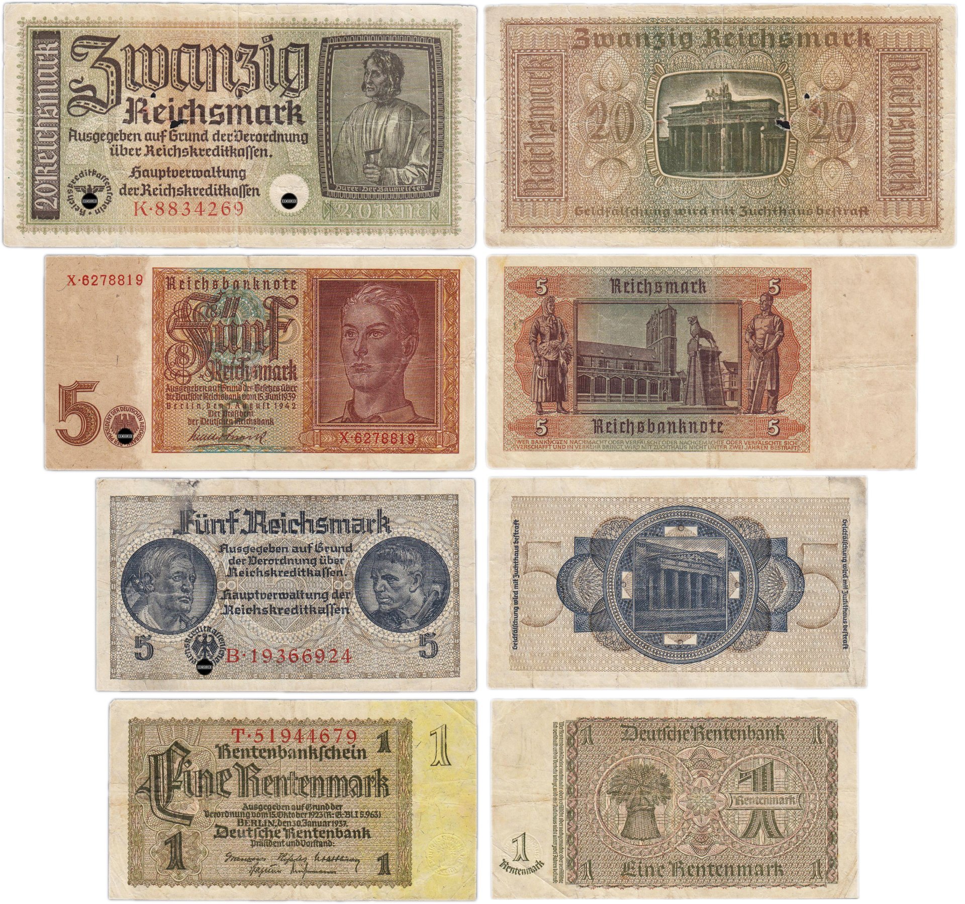 Набор из 4-х банкнот Германия, Третий рейх 1, 5 и 20 рейхсмарок (reichsmark) 1939-1945 "Немецкие оккупационные территории"