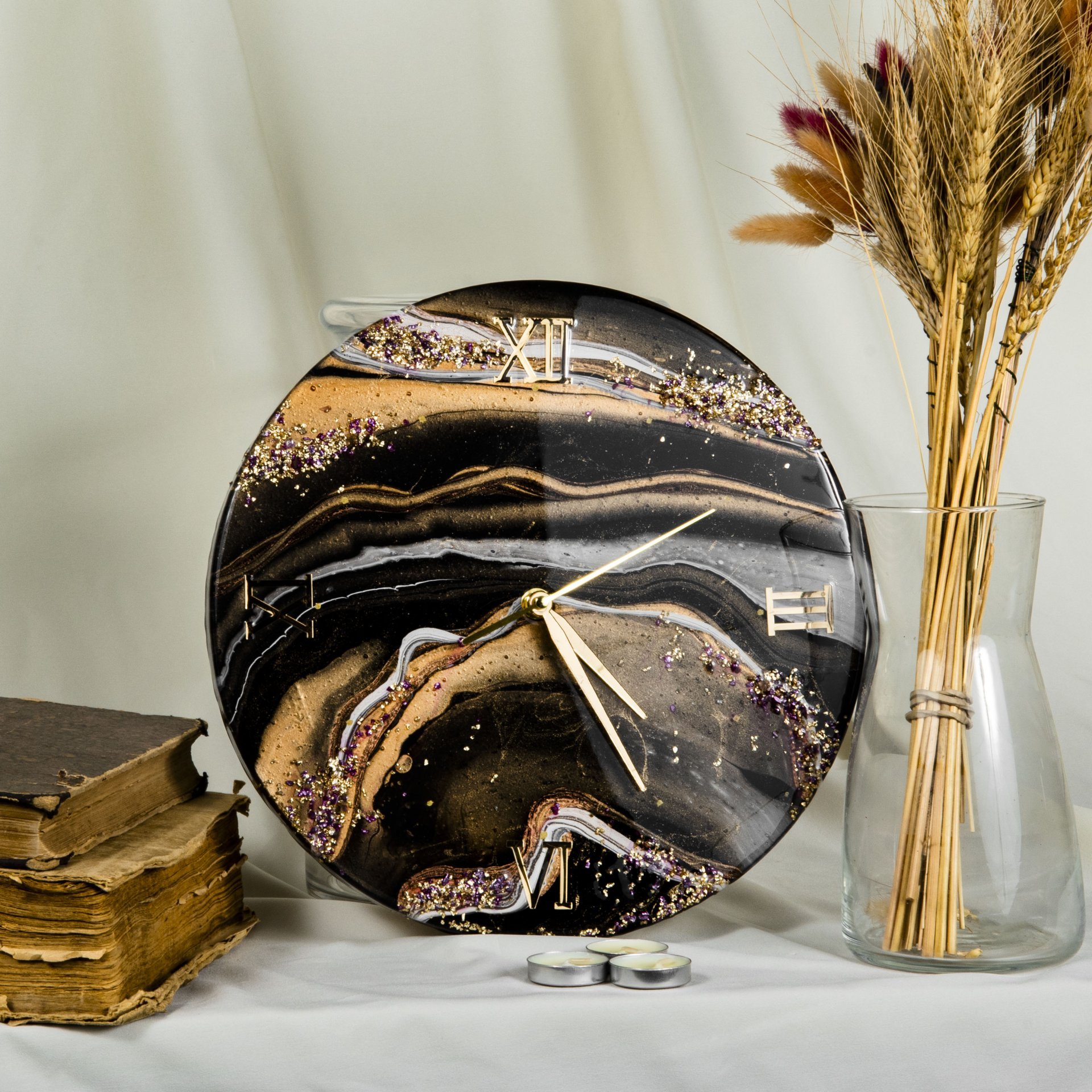 Часы настенные "Горячий шоколад", авторская ручная работа в технике Resin Art, Глянцевое 3D покрытие, камень, Россия, 2020 г.