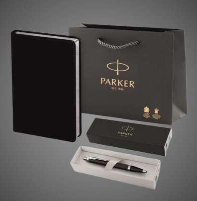Подарочный набор: Шариковая ручка Parker IM Mat Black CT лак матовый, стержень: M blue и Ежедневник черный, Металлы: нержавеющая сталь, хром
