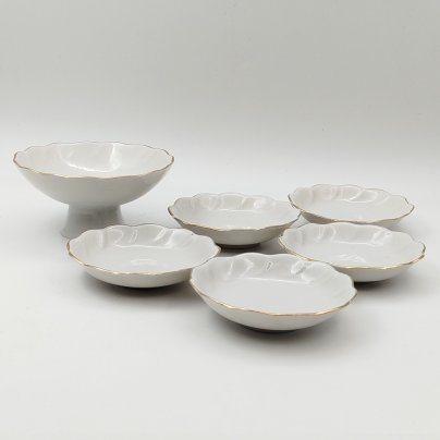 Набор для подачи варенья с золотистой каймой на пять персон (5 тарелок и вазочка на ножке)