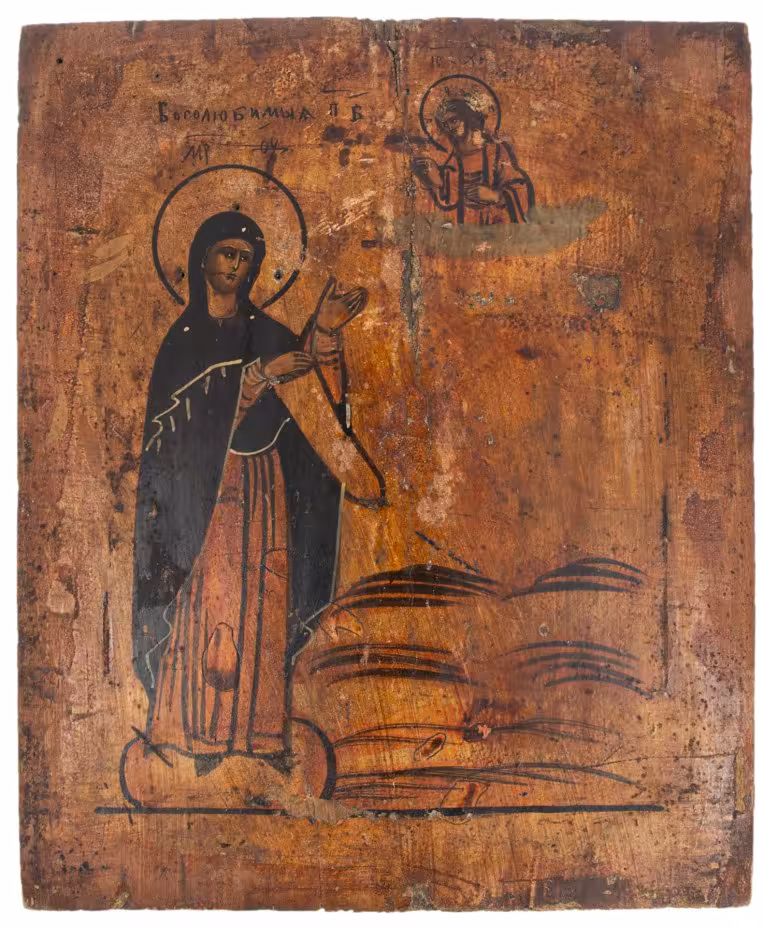 Икона "Боголюбская Божия Матерь", дерево, темпера, Российская Империя, 1850-1900 гг.