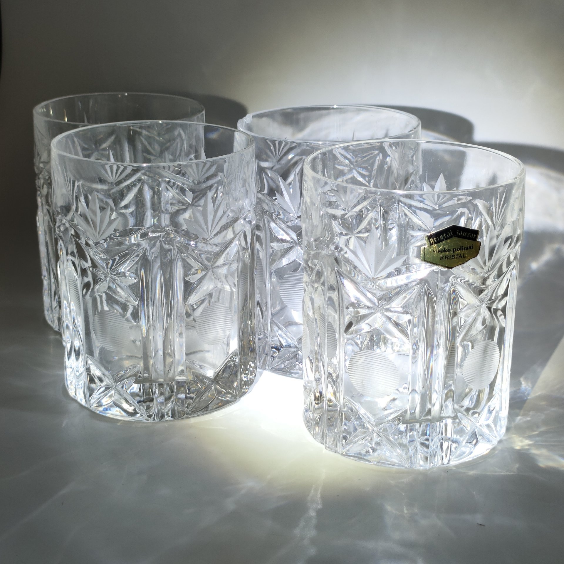 Набор из 4-х бокалов для крепких напитков с геометрическим декором, хрусталь, алмазная грань, Kristal Zajecar, Югославия, 1980-2000 гг.