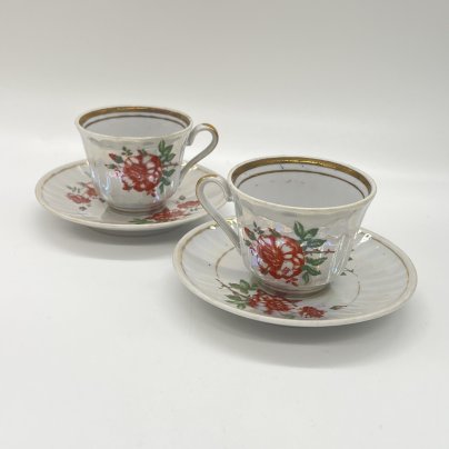 Набор из 2 кофейных пар с цветочным декором, фарфор, деколь, золочение, Ереванский фаянсовый завод, СССР, 1960-1980 гг.