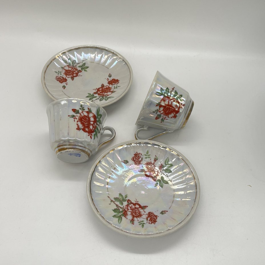 Набор из 2 кофейных пар с цветочным декором, фарфор, деколь, золочение, Ереванский фаянсовый завод, СССР, 1960-1980 гг.