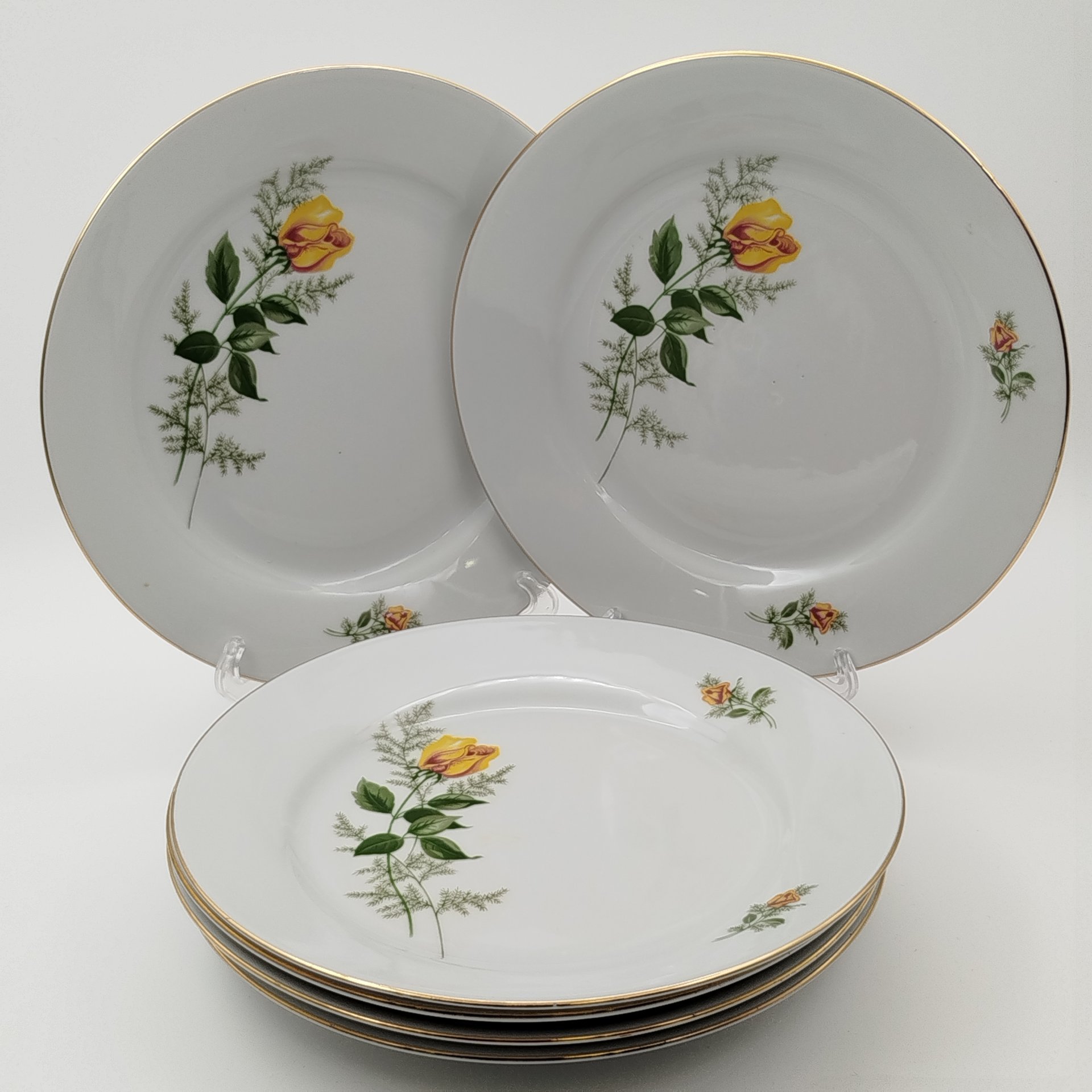 Набор обеденных тарелок "Желтая роза" на 6 персон, фарфор, деколь, золочение, Kahla, ГДР, 1970-1980 гг.