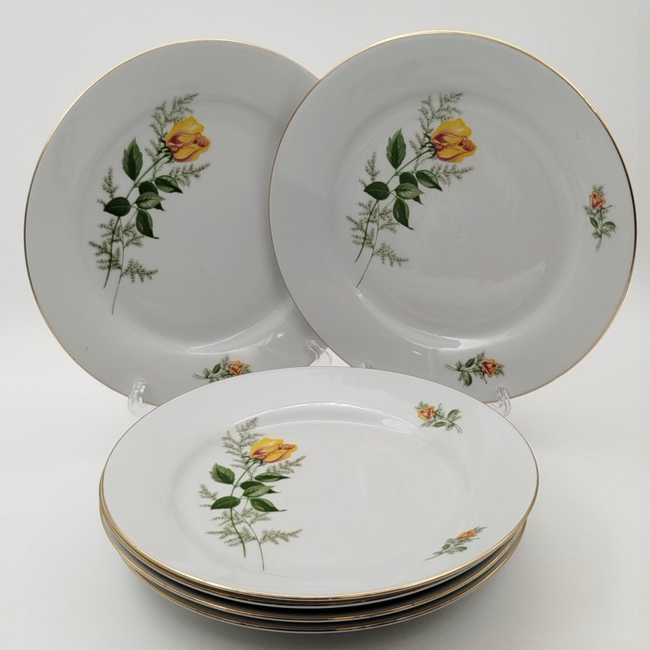 Набор обеденных тарелок "Желтая роза" на 6 персон, фарфор, деколь, золочение, Kahla, ГДР, 1970-1980 гг.