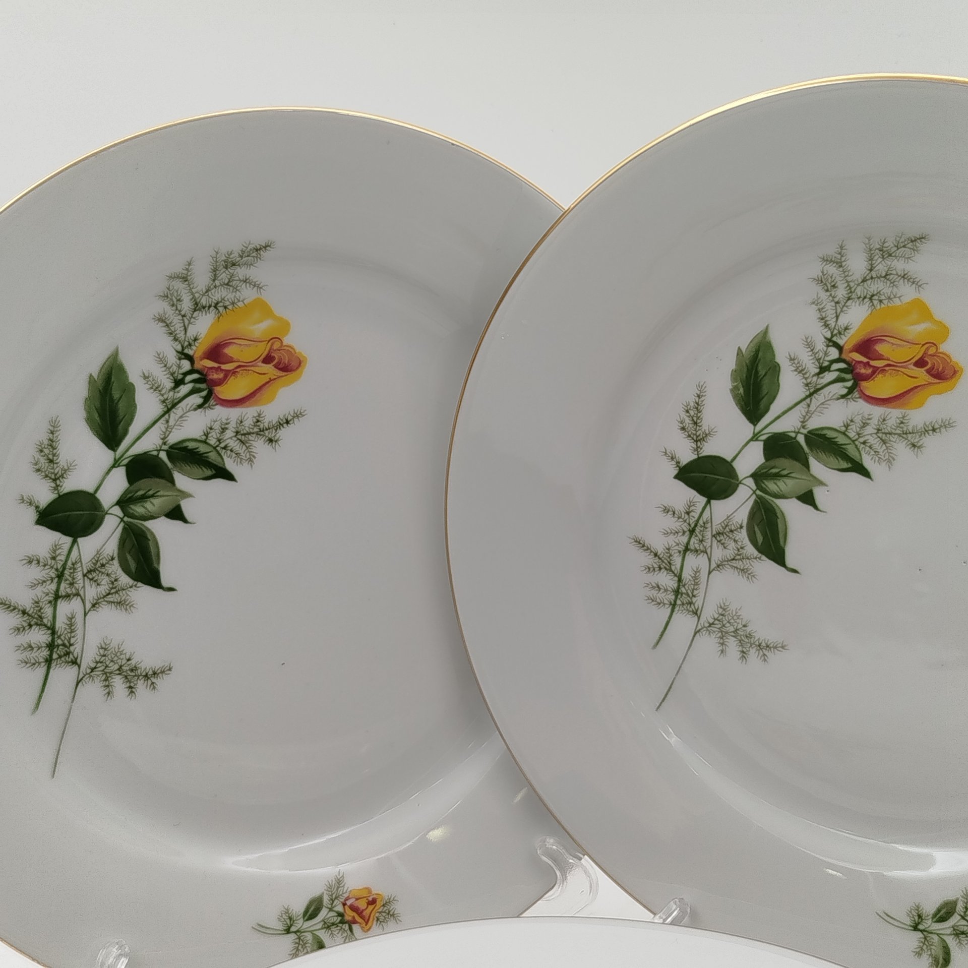 Набор обеденных тарелок "Желтая роза" на 6 персон, фарфор, деколь, золочение, Kahla, ГДР, 1970-1980 гг.