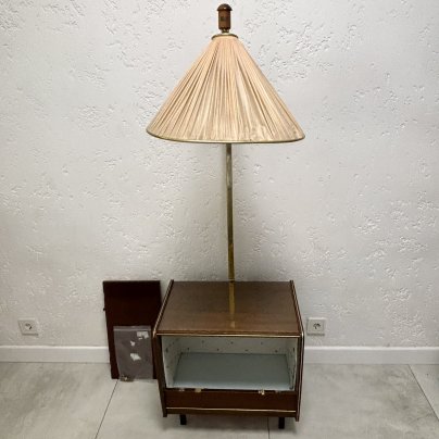 Тумба барная с торшером, дерево, латунь, стекло, ткань, ГДР, 1960-1970 гг.