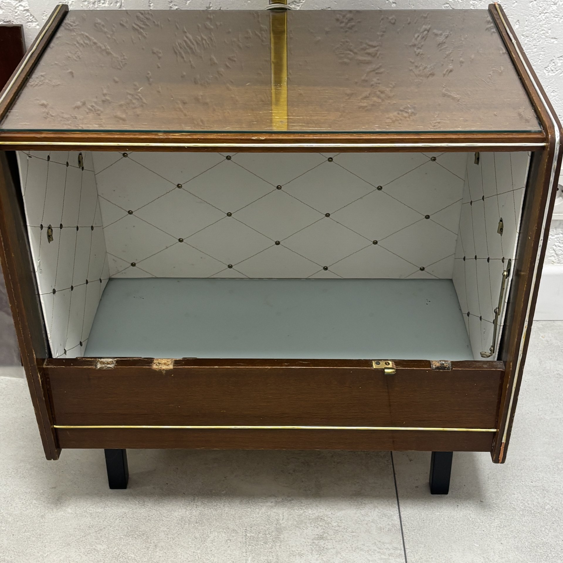 Тумба барная с торшером, дерево, латунь, стекло, ткань, ГДР, 1960-1970 гг.