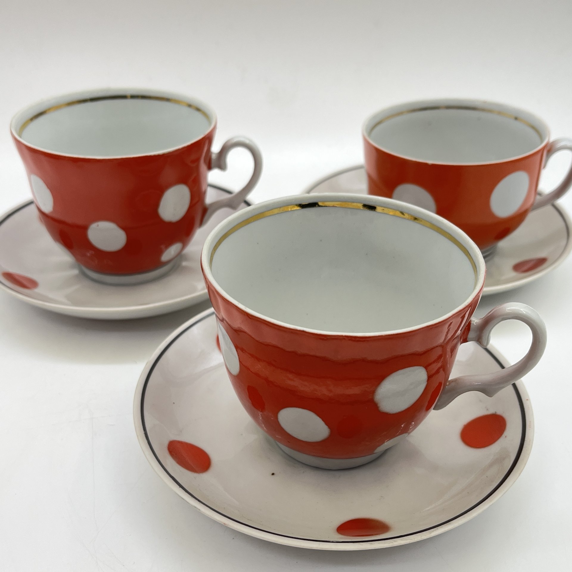 Набор из 3 чайных пар в оранжевый горошек, фарфор, крытье, золочение, Барановский фарфоровый завод, СССР, 1970-1990 гг.