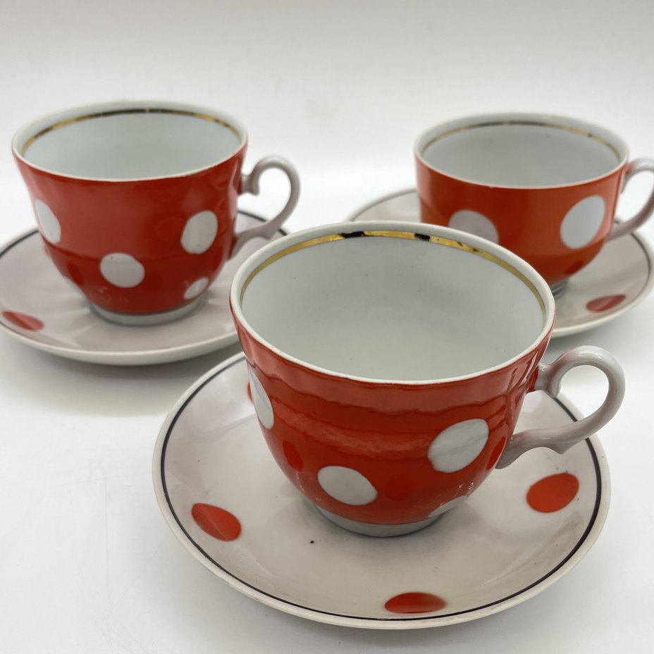 Набор из 3 чайных пар в оранжевый горошек, фарфор, крытье, золочение, Барановский фарфоровый завод, СССР, 1970-1990 гг.