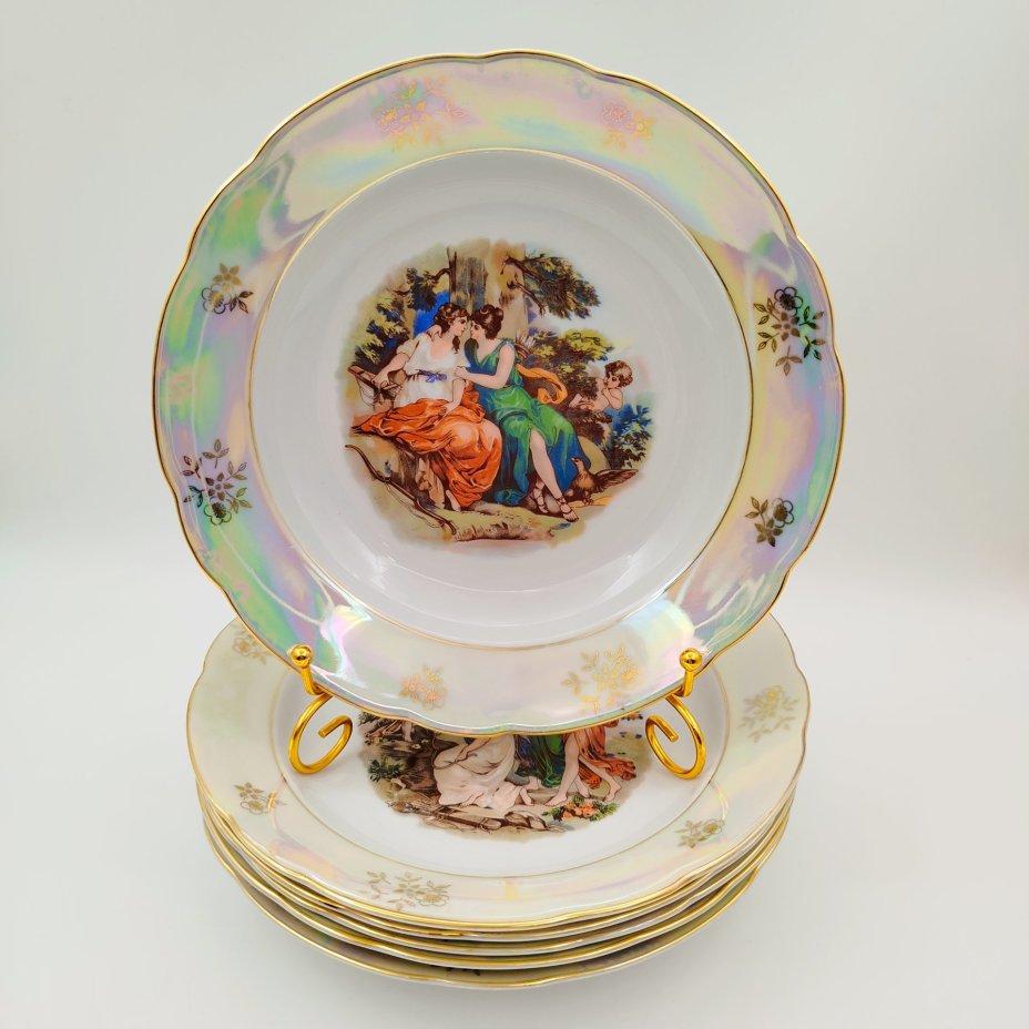 Набор из 6-ти суповых тарелок "Мадонна", фарфор, деколь, люстр, золочение, Kahla, ГДР, 1968-1987 гг.