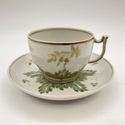 Чайная пара "Барбарис" в зелёной гамме (в подборе), фарфор, золочение, Дмитровский фарфоровый завод (ДФЗ Вербилки), СССР, 1954-1965 гг.