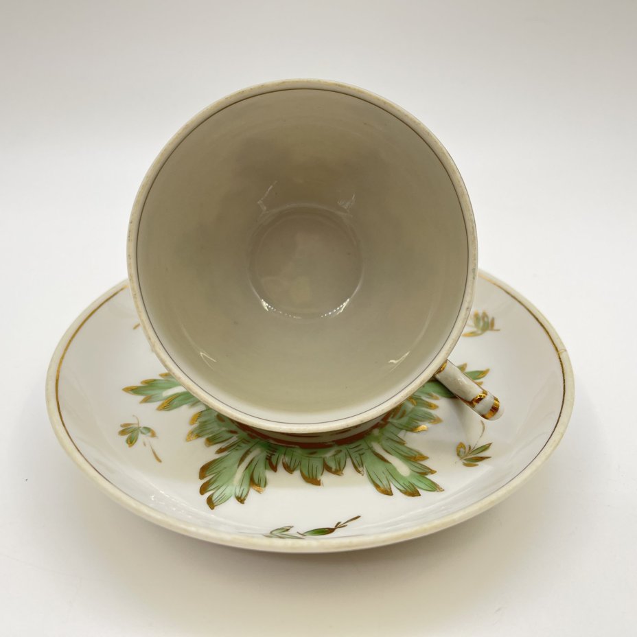 Чайная пара "Барбарис" в зелёной гамме (в подборе), фарфор, золочение, Дмитровский фарфоровый завод (ДФЗ Вербилки), СССР, 1954-1965 гг.