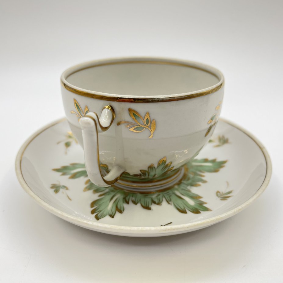 Чайная пара "Барбарис" в зелёной гамме (в подборе), фарфор, золочение, Дмитровский фарфоровый завод (ДФЗ Вербилки), СССР, 1954-1965 гг.