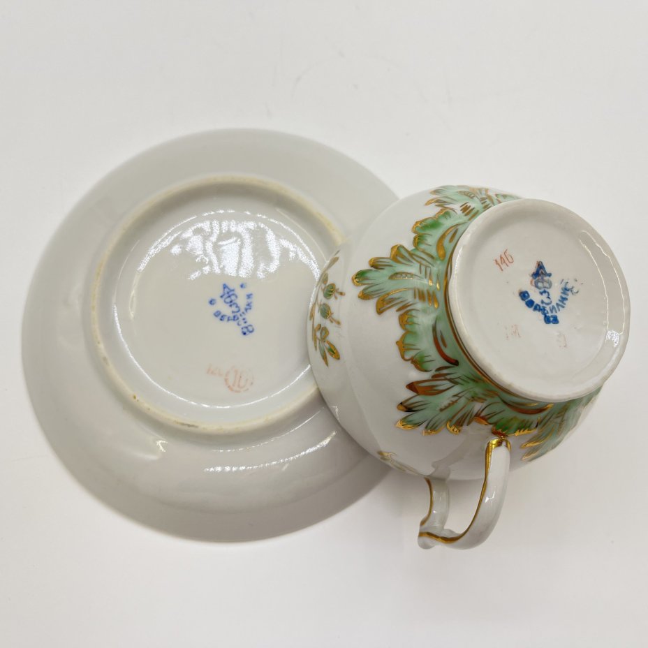 Чайная пара "Барбарис" в зелёной гамме (в подборе), фарфор, золочение, Дмитровский фарфоровый завод (ДФЗ Вербилки), СССР, 1954-1965 гг.