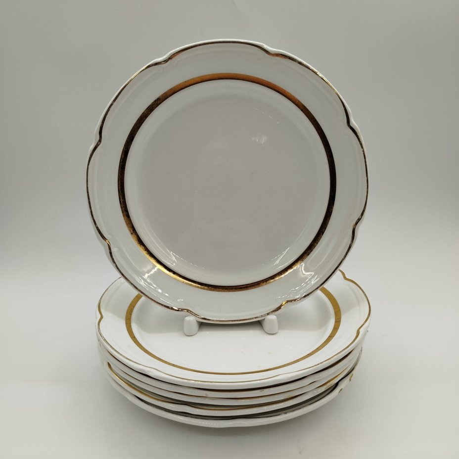 Набор из шести десертных тарелок, фаянс, золочение, Конаковский фаянсовый завод им. М.И. Калинина (ЗиК Конаково), СССР, 1974-1991 гг.