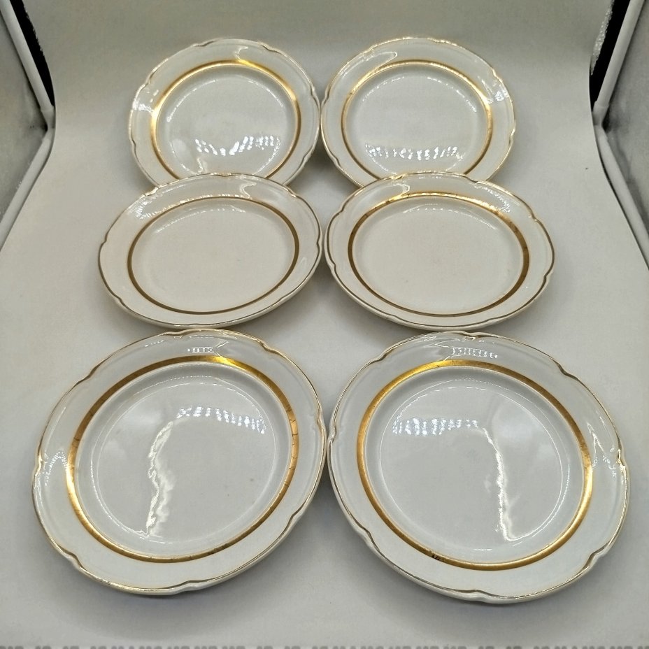 Набор из шести десертных тарелок, фаянс, золочение, Конаковский фаянсовый завод им. М.И. Калинина (ЗиК Конаково), СССР, 1974-1991 гг.