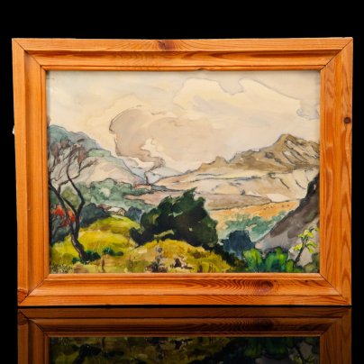 Картина "Горный пейзаж, художник Л.И. Шабарина (1919-2001 гг.), бумага, акварель, в раме, под стеклом