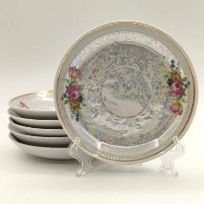 Набор из 6-ти блюдец с цветочным декором, фарфор, люстр, деколь, золочение, Дмитровский фарфоровый завод (ДФЗ Вербилки), СССР, 1965-1991 гг.