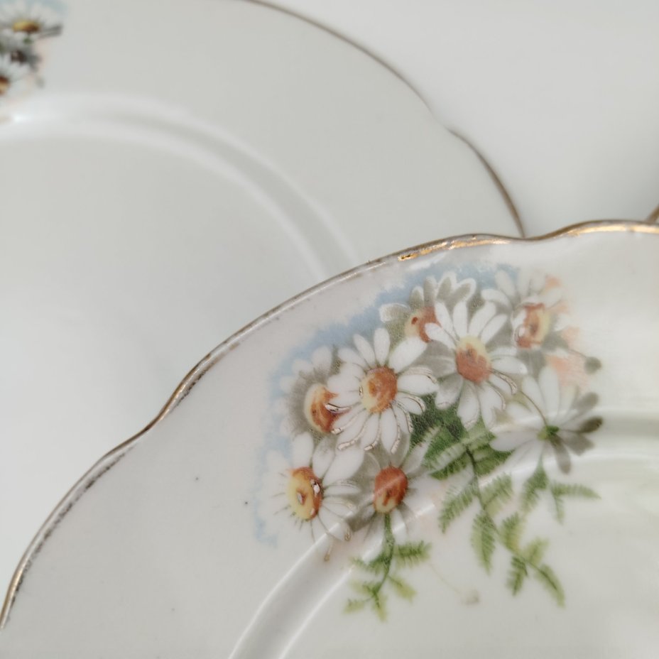 Набор из 4-х тарелок с декором в виде ромашек (три обеденных и одна закусочная), специальная экспортная марка, фарфор, деколь, золочение, Дулевский фарфоровый завод (Дулёво), СССР, 1926-1935 гг.