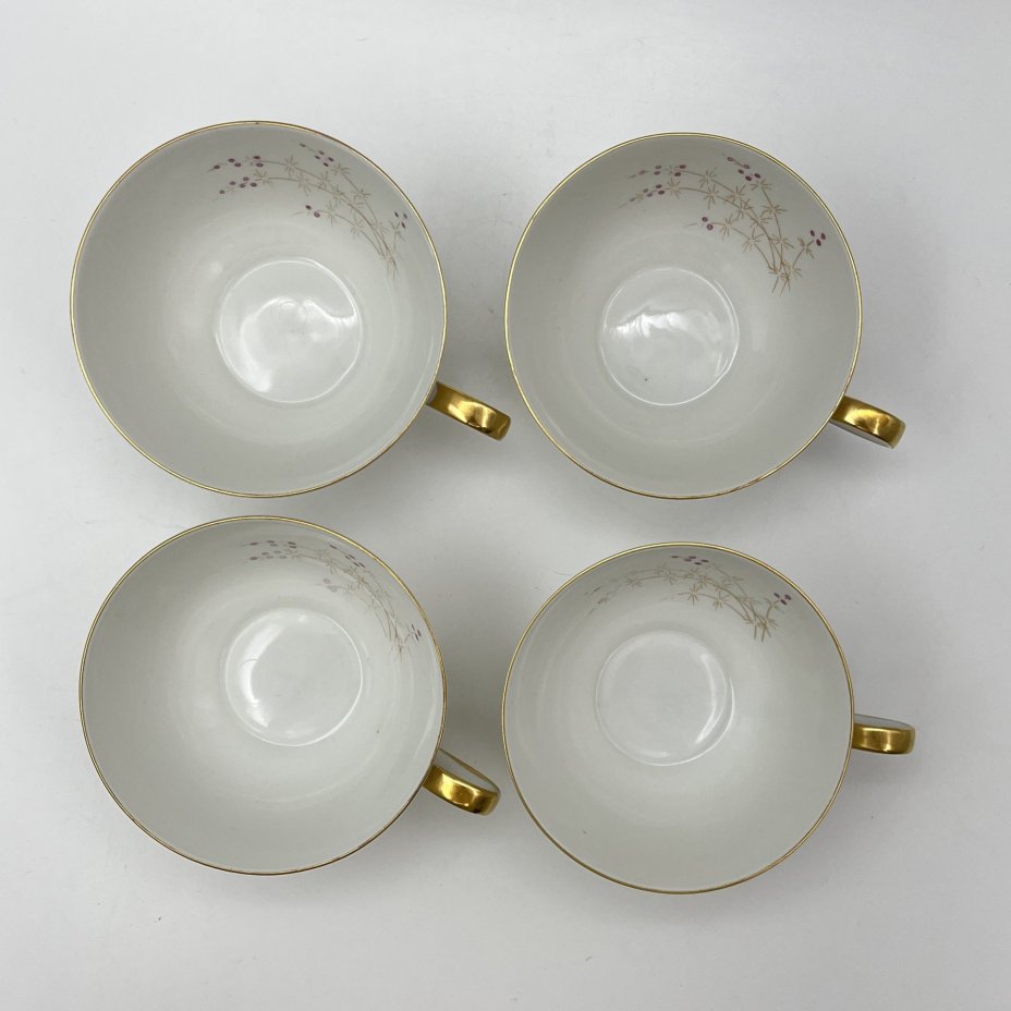 Сервиз чайный с растительным декором на 4 персоны (чайник, сахарница, 4 чайные пары), фарфор, роспись, золочение, Volkstedt Beyer & Bock, ГДР, 1960-1980 гг.