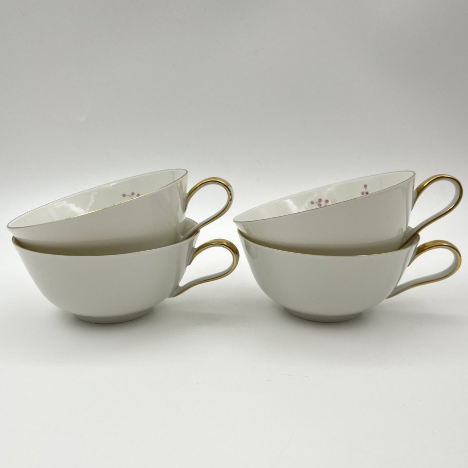 Сервиз чайный с растительным декором на 4 персоны (чайник, сахарница, 4 чайные пары), фарфор, роспись, золочение, Volkstedt Beyer & Bock, ГДР, 1960-1980 гг.