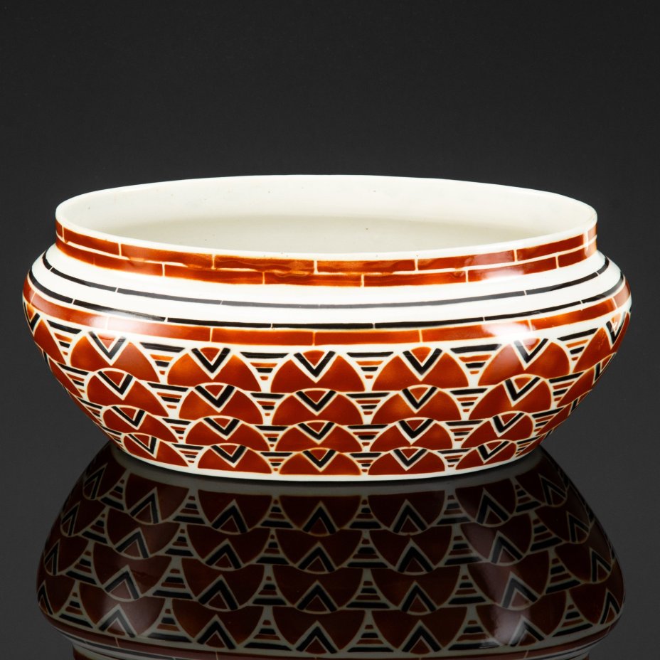 Кашпо овальной формы, украшенное чёрно-коричневыми узорами, Lunéville faience, фаянс, крытье