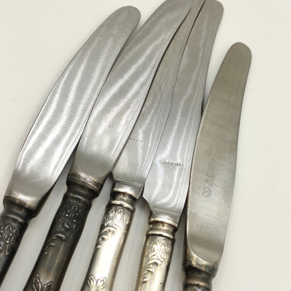Набор из пяти десертных ножей с растительным декором (в подборе), мНЦ (медь-никель-цинк), нержавеющая сталь, Вольнянский завод столовых приборов им. Шевченко (ЗiШ, ЗиШ), СССР, 1960-1990 гг.