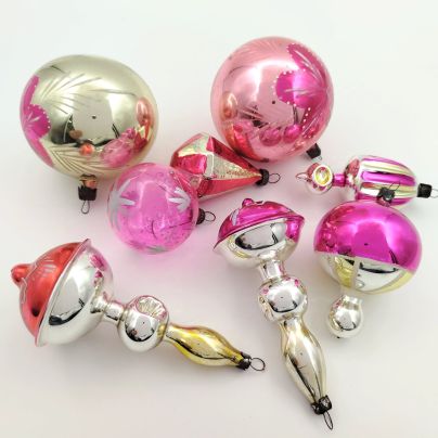 Набор елочных игрушек с росписью (8 штук), стекло, стекло, роспись, металл, СССР, 1950-1970 гг.