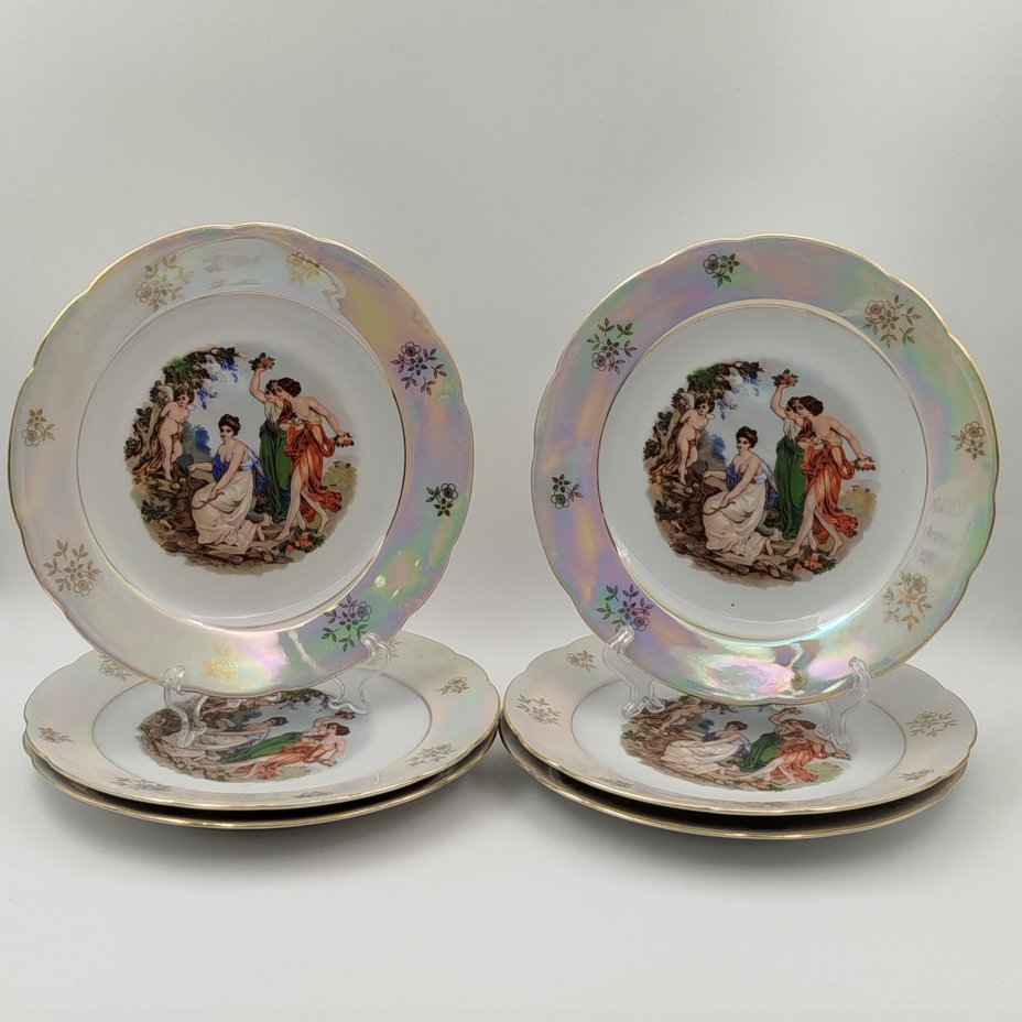 Набор из 6-ти обеденных тарелок "Мадонна", фарфор, деколь, люстр, золочение, Kahla, ГДР, 1968-1987 гг.