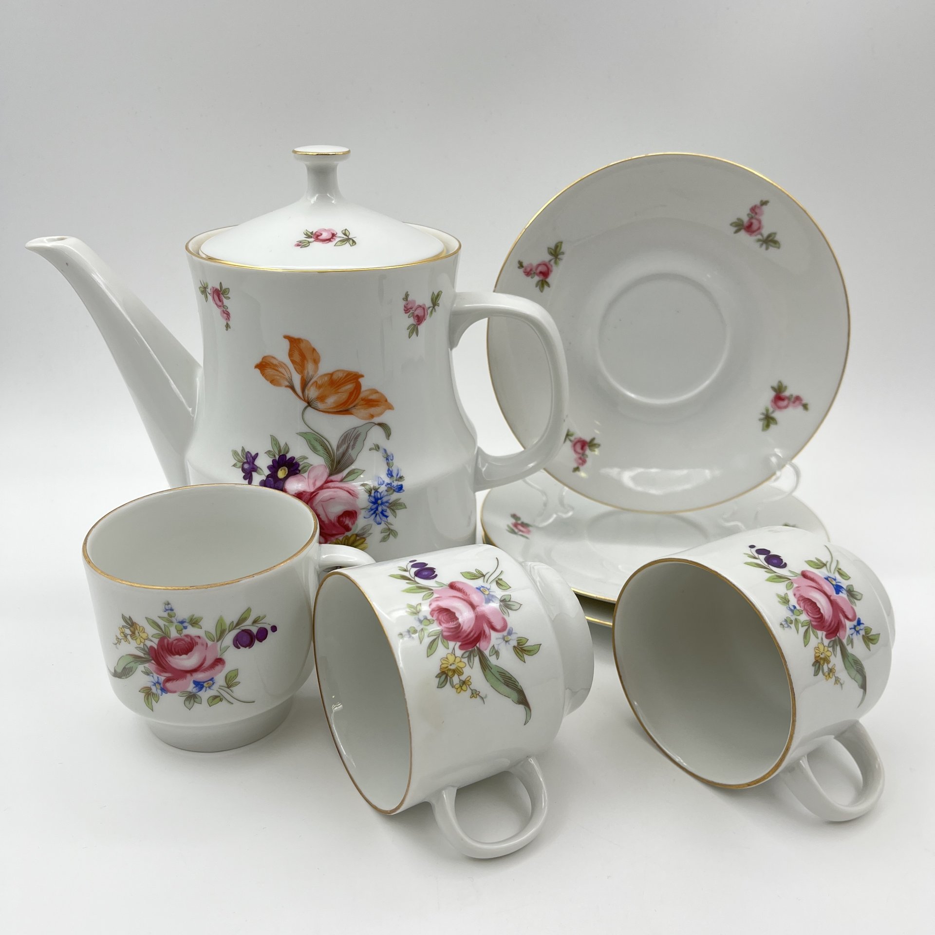 Сервиз чайный с цветочным декором на 3 персоны (7 предметов), фарфор, деколь, золочение, Bohemia (Neurohlau), Чехословакия, 1970-1990 гг.