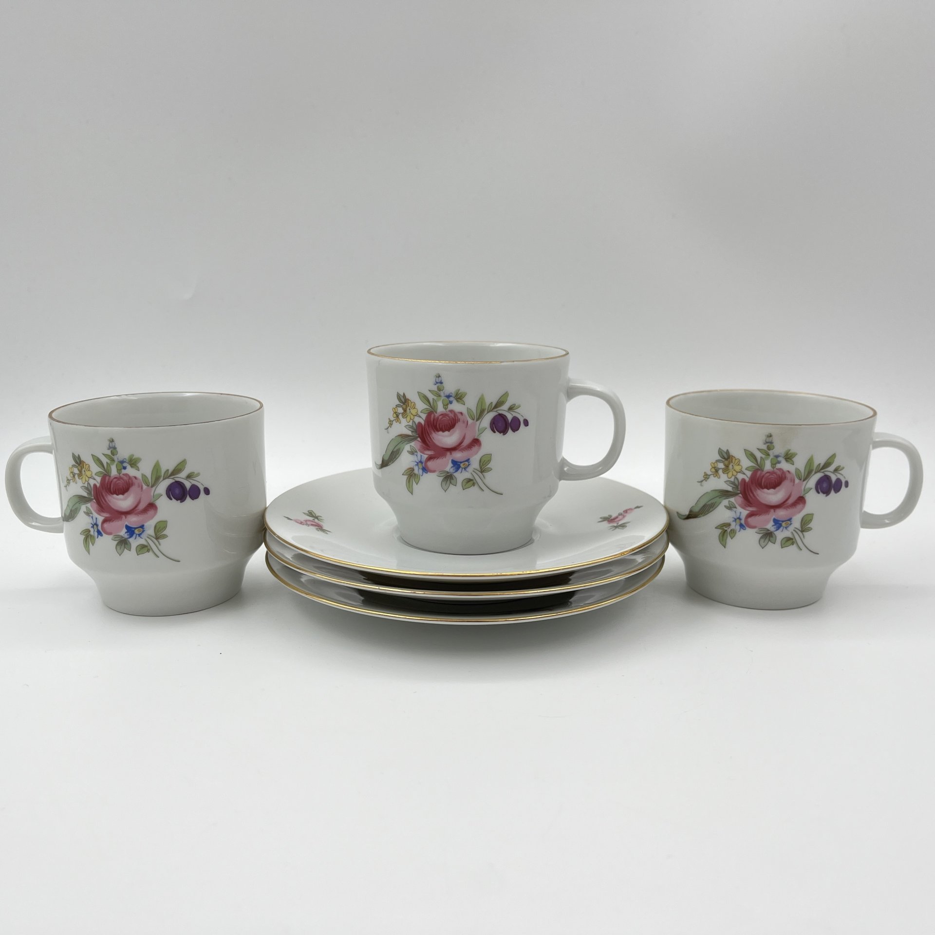 Сервиз чайный с цветочным декором на 3 персоны (7 предметов), фарфор, деколь, золочение, Bohemia (Neurohlau), Чехословакия, 1970-1990 гг.