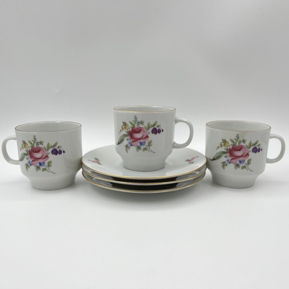 Сервиз чайный с цветочным декором на 3 персоны (7 предметов), фарфор, деколь, золочение, Bohemia (Neurohlau), Чехословакия, 1970-1990 гг.