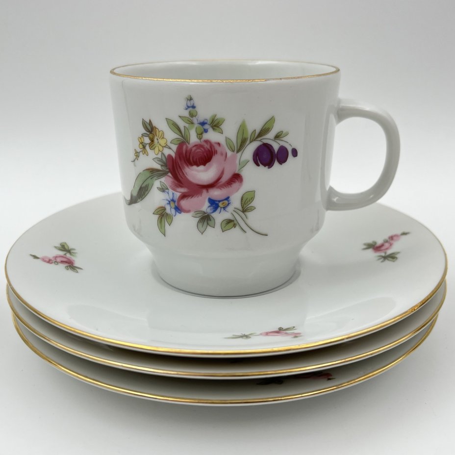 Сервиз чайный с цветочным декором на 3 персоны (7 предметов), фарфор, деколь, золочение, Bohemia (Neurohlau), Чехословакия, 1970-1990 гг.
