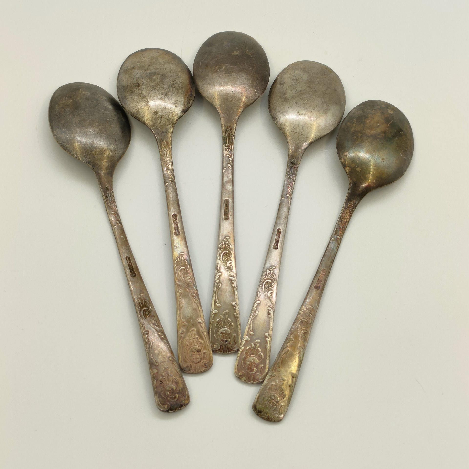 Набор из 5-ти столовых ложек с растительным декором, мНЦ (медь-никель-цинк), Комбинат бытовых металлических изделий (БМИ), г. Эчмиадзин, СССР, 1971-1981 гг.