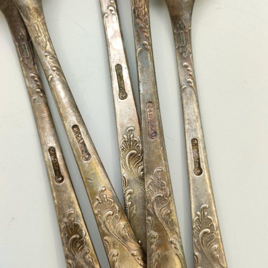 Набор из 5-ти столовых ложек с растительным декором, мНЦ (медь-никель-цинк), Комбинат бытовых металлических изделий (БМИ), г. Эчмиадзин, СССР, 1971-1981 гг.